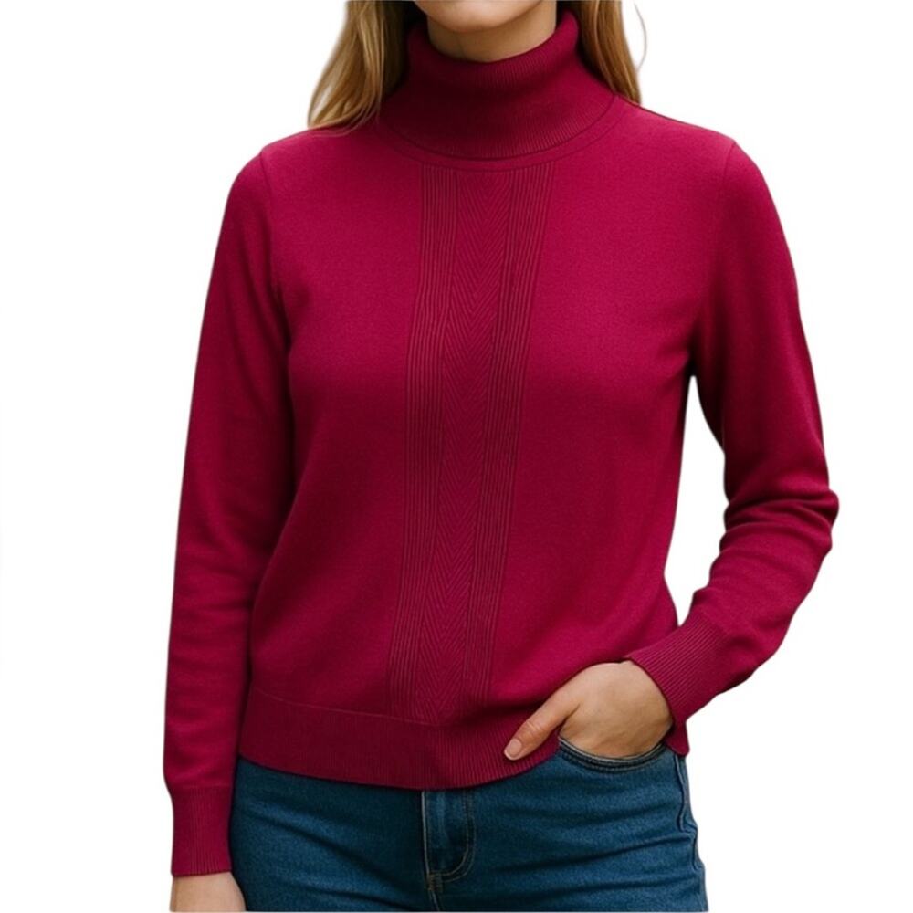 Tommy Hilfiger Magenta Turtleneck Sweater Fitted Retro Button Cuff Knit Size L